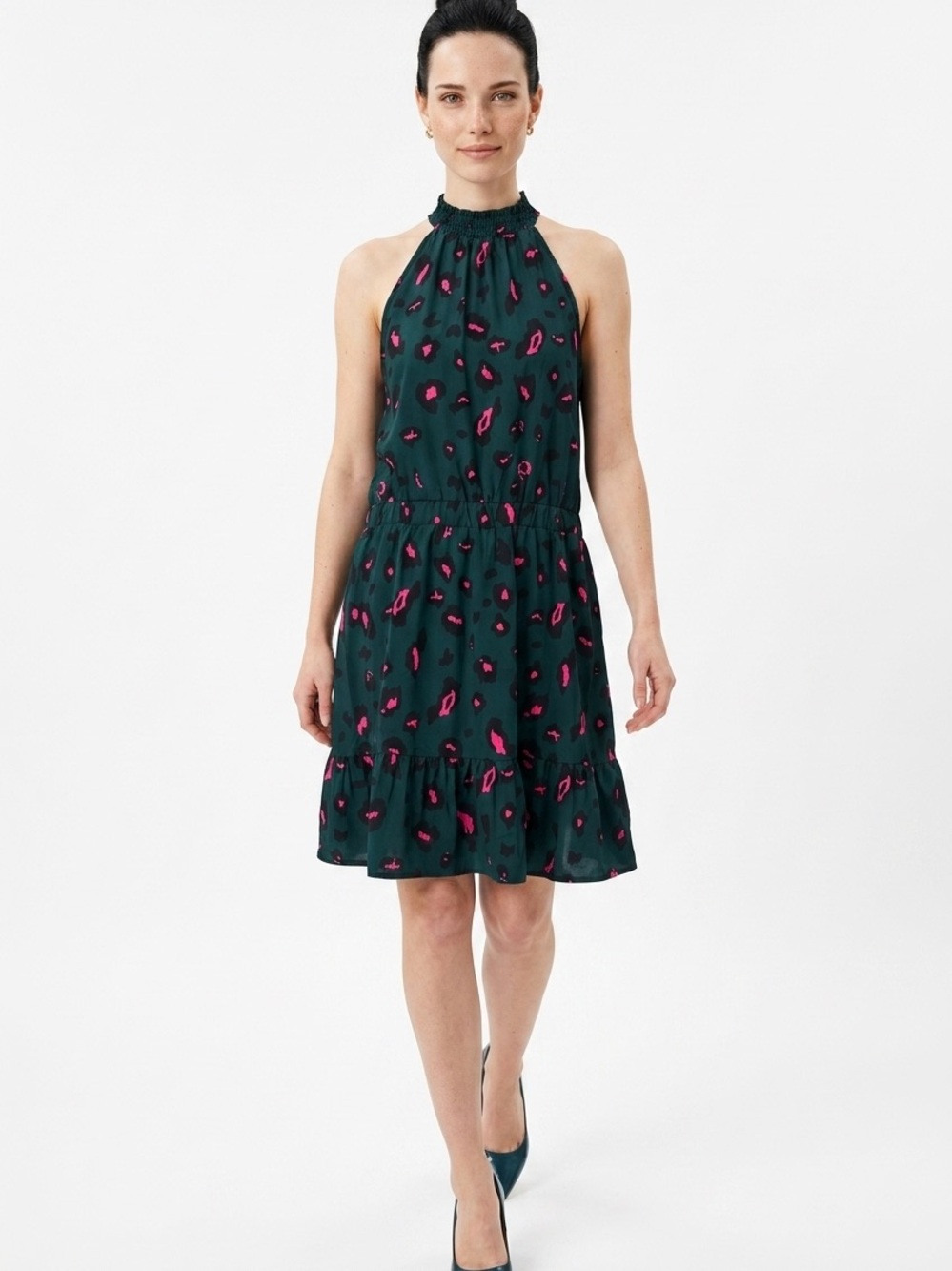 UNBRANDED | Sleeveless Halter Neck Green Dress Pink Animal Print Women’s Size M
